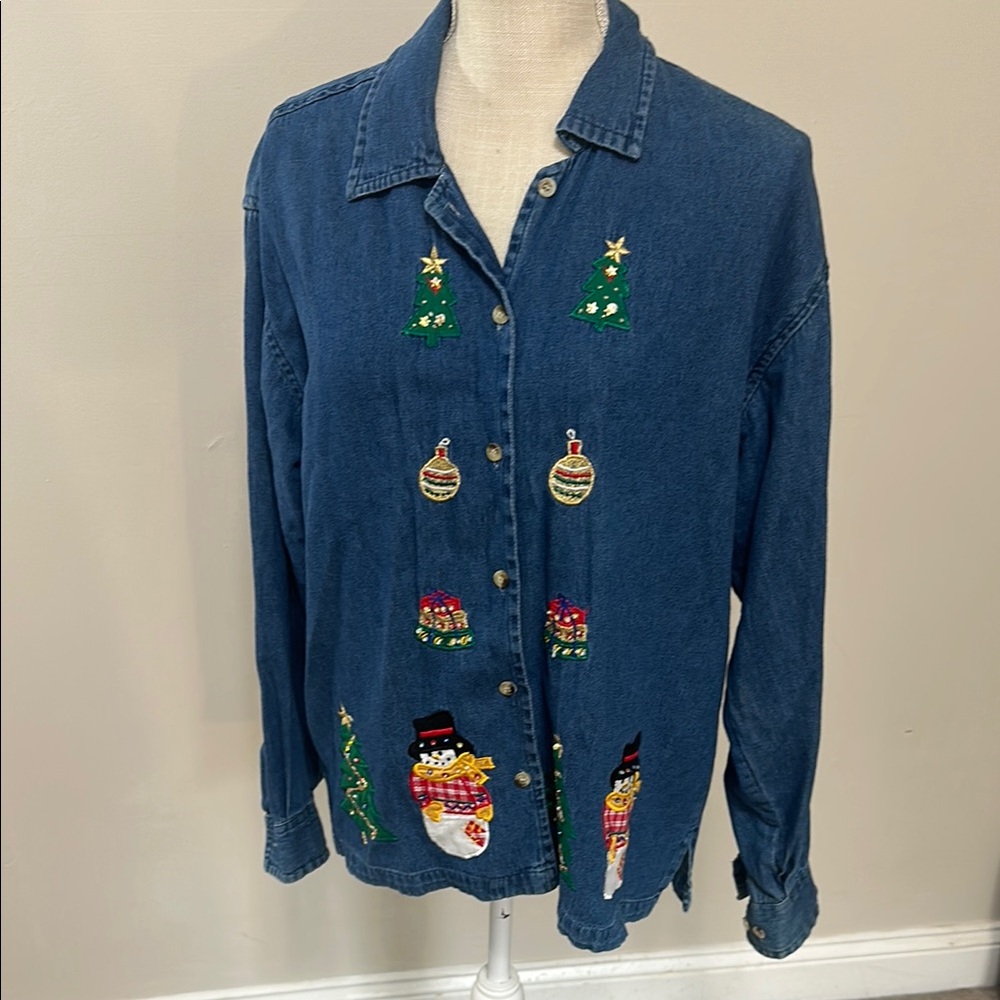Festive Denim Shirt‎ with Holiday Embroidery